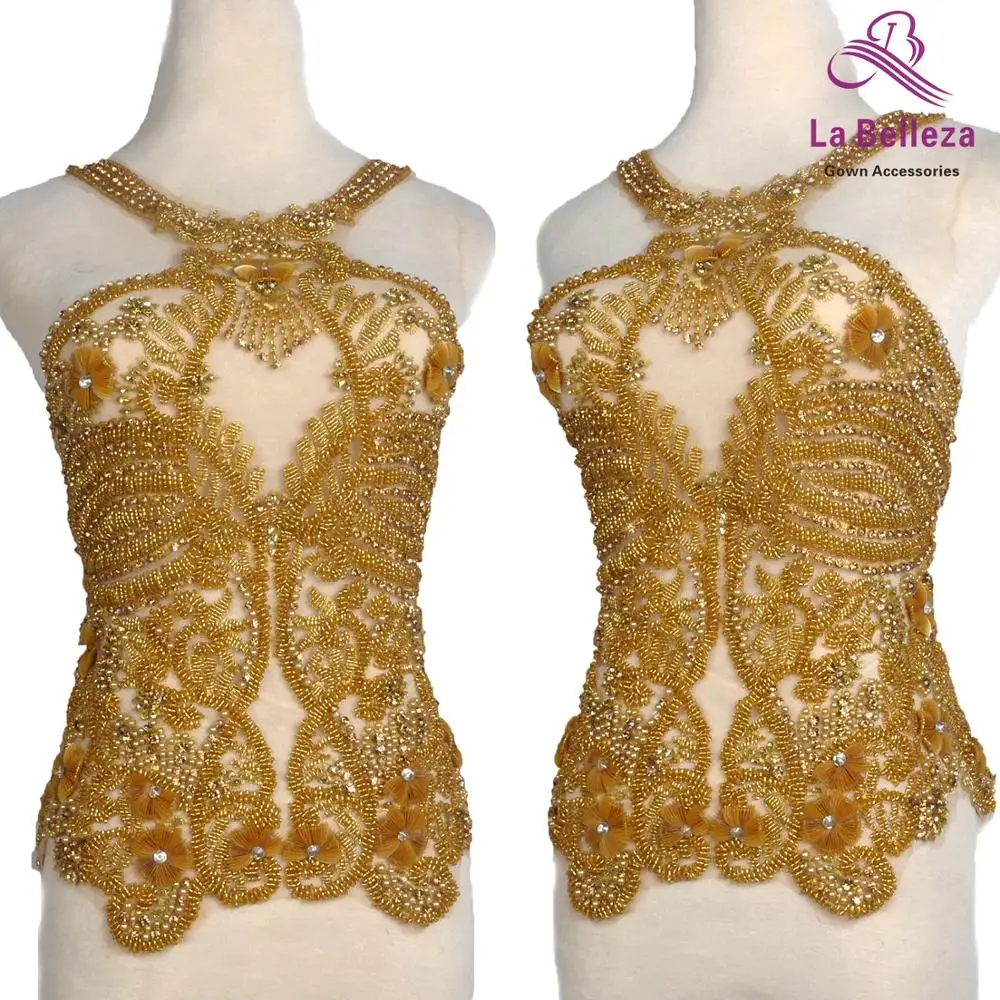 

La Belleza Gold beaded patch,beautiful large applique, handmade crystal Rhinestone patch, wedding dress applique accessories