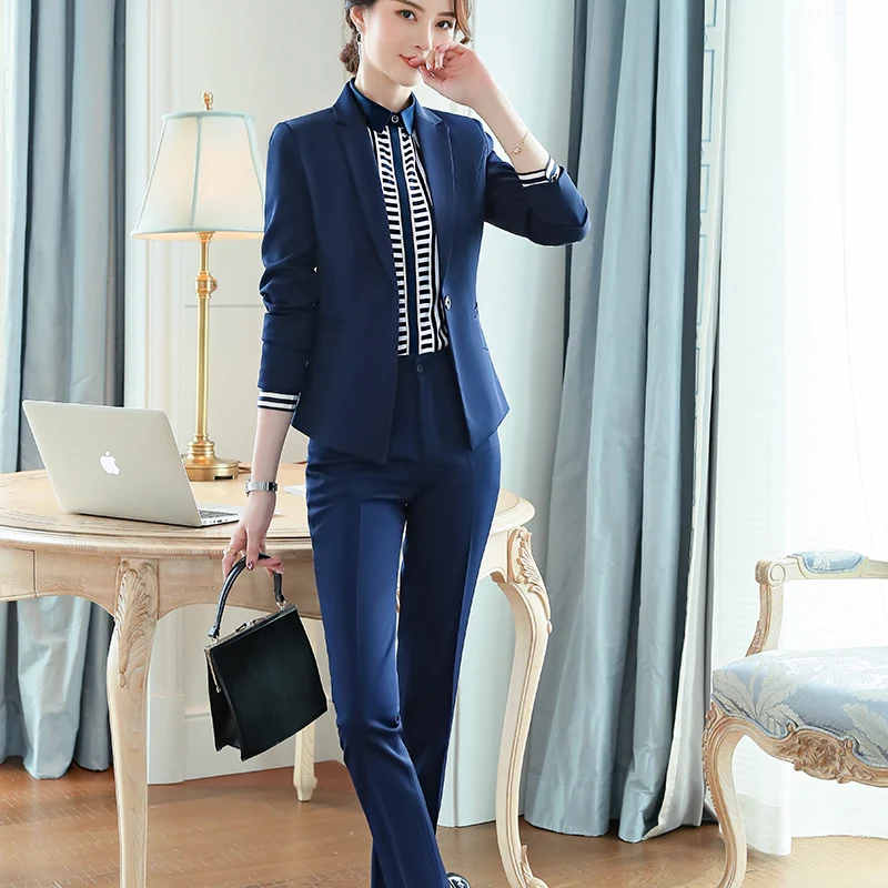 Женский деловой костюм Lenshin блейзер и штаны из гладкой ткани Офисная форма