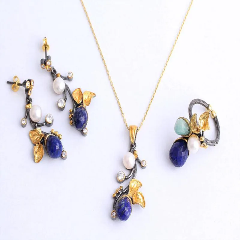 

Woman Handmade Oval Blue Lapis Lazuli Pearl 925 Silver Jewelry Set, Lapis Lazuli ring,Lapis Lazuli Necklace, Lapis Lazuli
