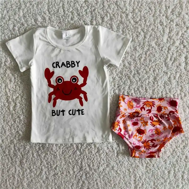 

2021 New Baby Girls Clothes Crab Print T-Shirt Top Briefs Pants Toddler Kids Wear Outfits