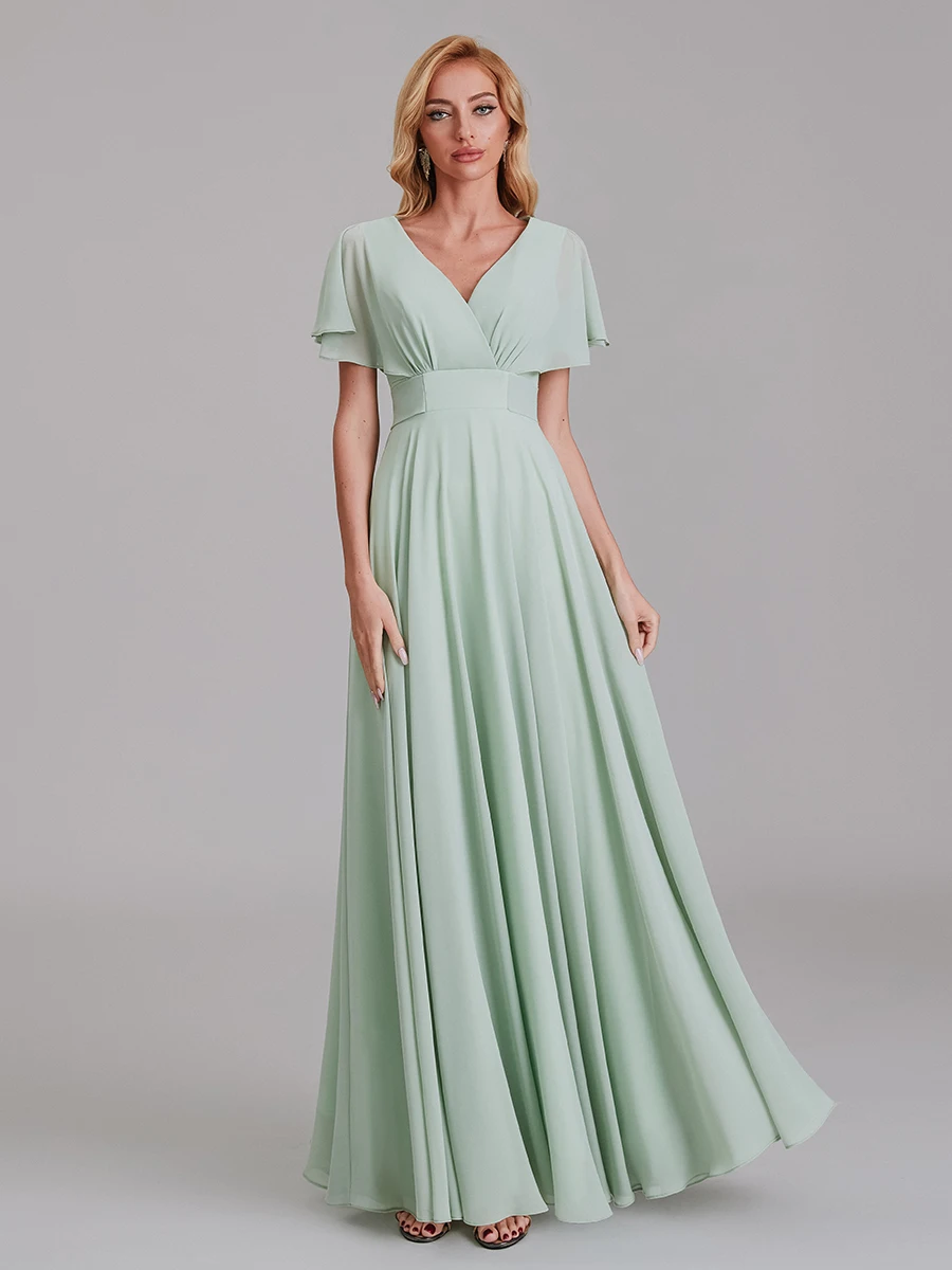 

Loyeloy длинные платья для подружки невесты с коротким рукавом шифоновое мятно-зеленое Прозрачное платье с V-образным вырезом для свадебной ве...