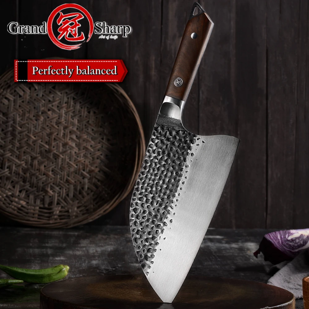 Нож шеф повара GRANDSHARP 5cr15mov кованое лезвие ручка из черного дерева уличный