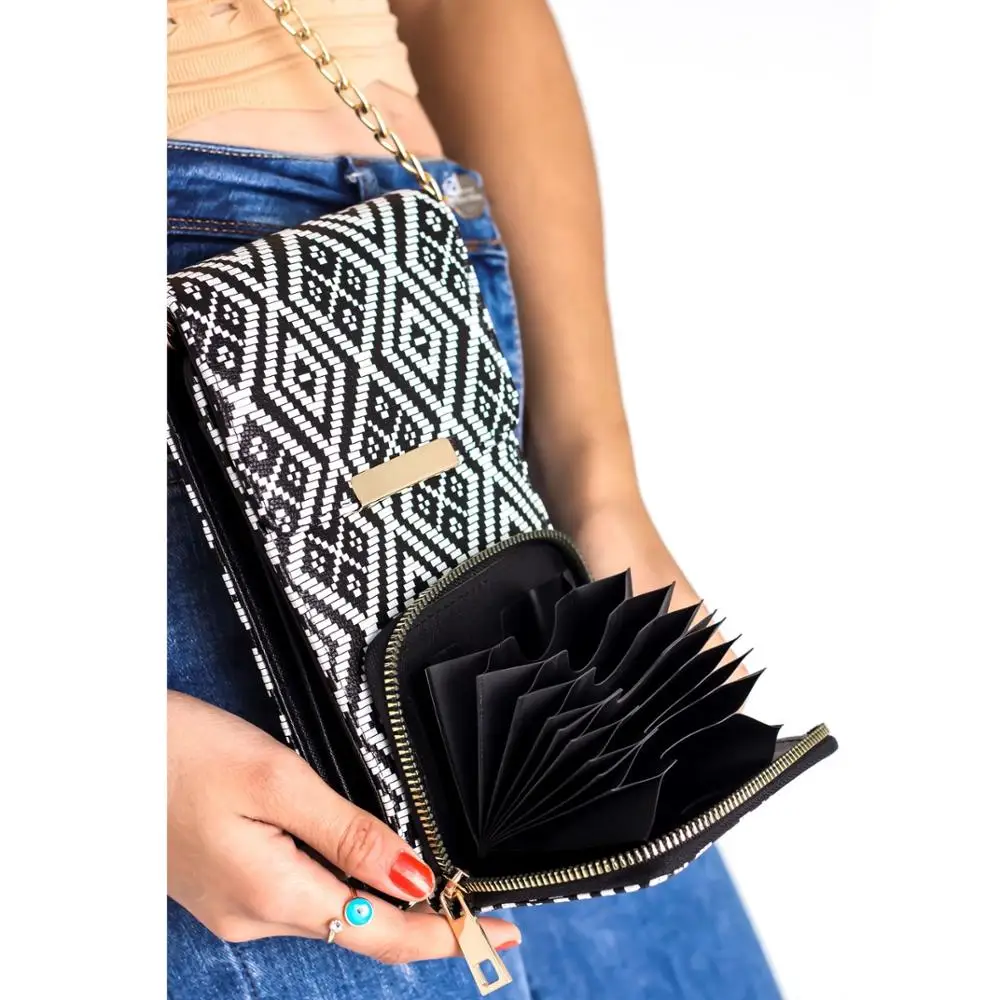 

Rectangular Striped Pattern Black and White Chain Small Fashion Trend Women Lady Crossbody 2 Compartments Hand and Wallet Bag