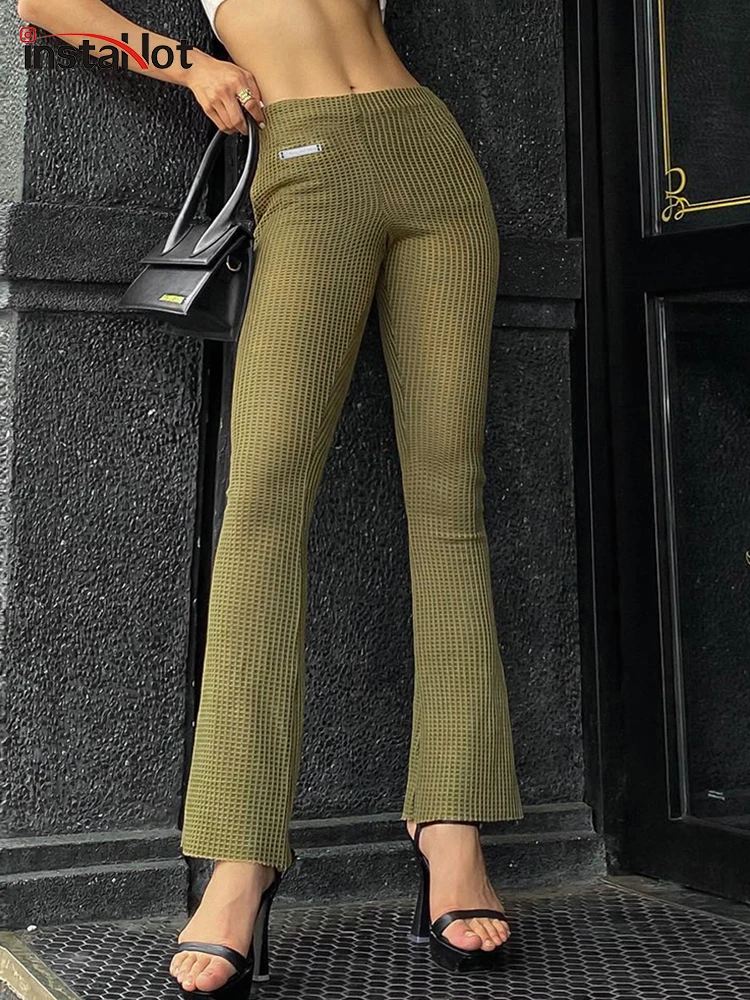 

Sold Out Basic Waffle Women Flare Pant High Waist Black Summer Trousers Casual Slim Urban Harajuku Female Clothing 2022 Trends