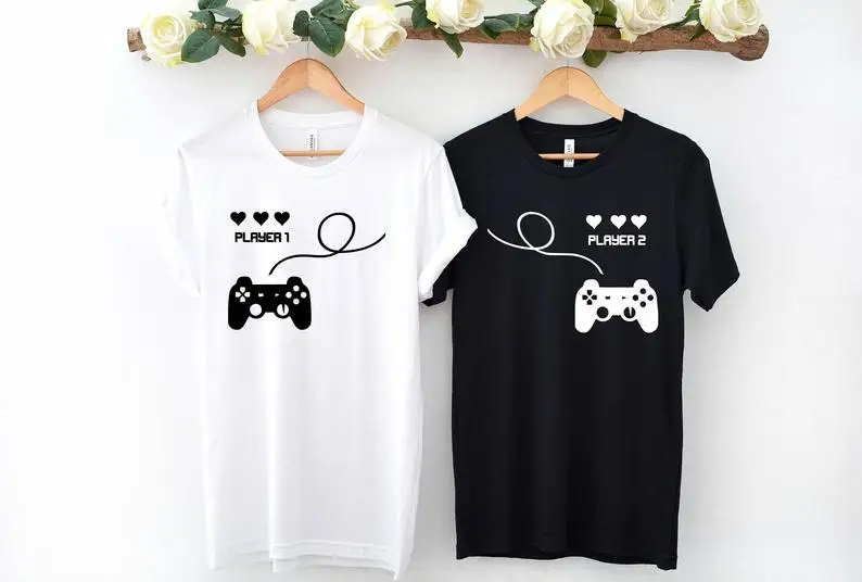 

Stay True Player 1 and Player Graphic 2 Summer Cotton T shirt Valentines Couple Shirt Funny Couple's t shirt Bff T Shirt