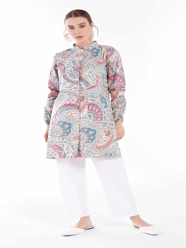 Paisley Patterned Authentic Style Shirt And White Pants 2 Piece Hijab Women's Suit 2022 New Muslim Fashion Women's Clothing