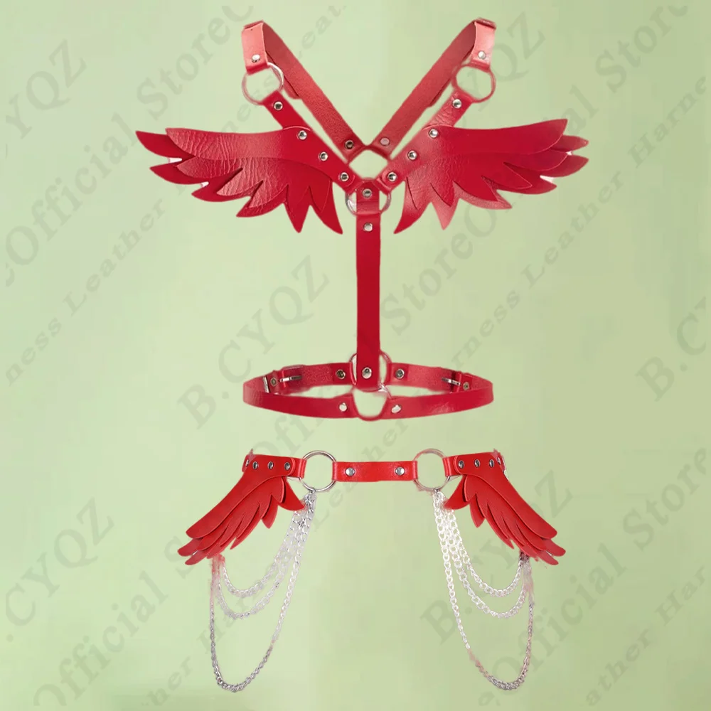 B.CYQZ Pu Red Leather Harness Belt Angel Wings Full Body Bondage Garters Women Gothic Adjustable Fetish Suspenders Rave Clothing