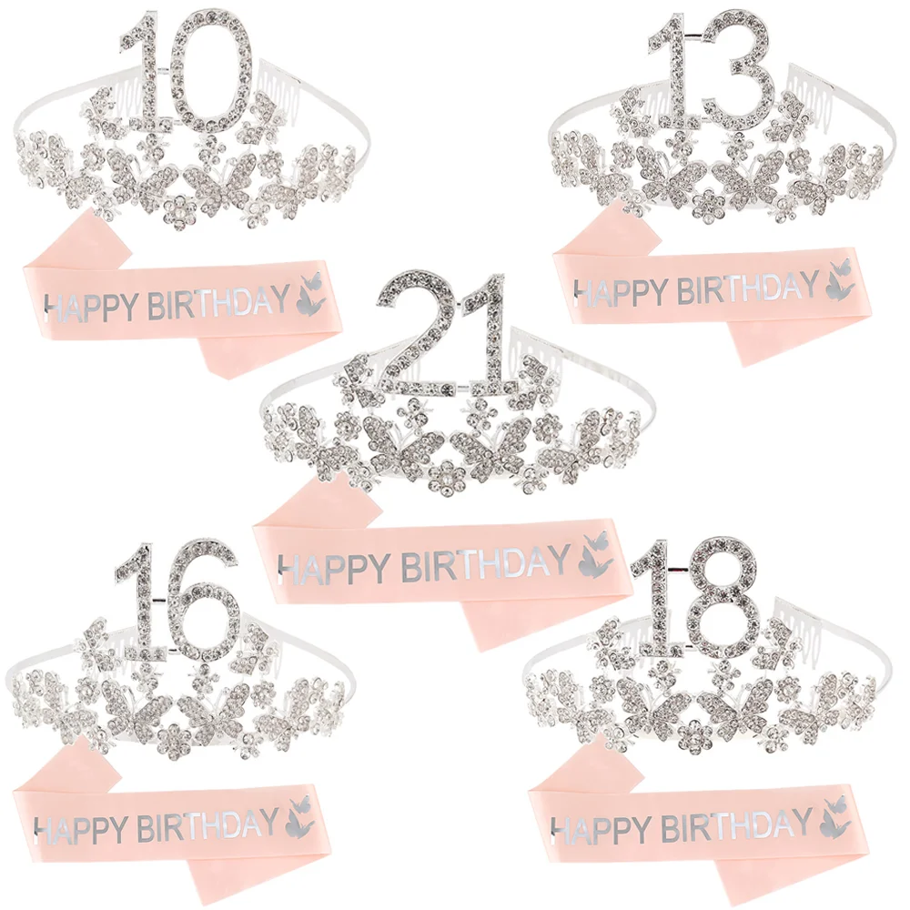 

10th 13th 16th 18th 21st Birthday Sash and Crown for Girl Silver Crystal Tiara and Satin Sash Birthday Party Decoration Supplies