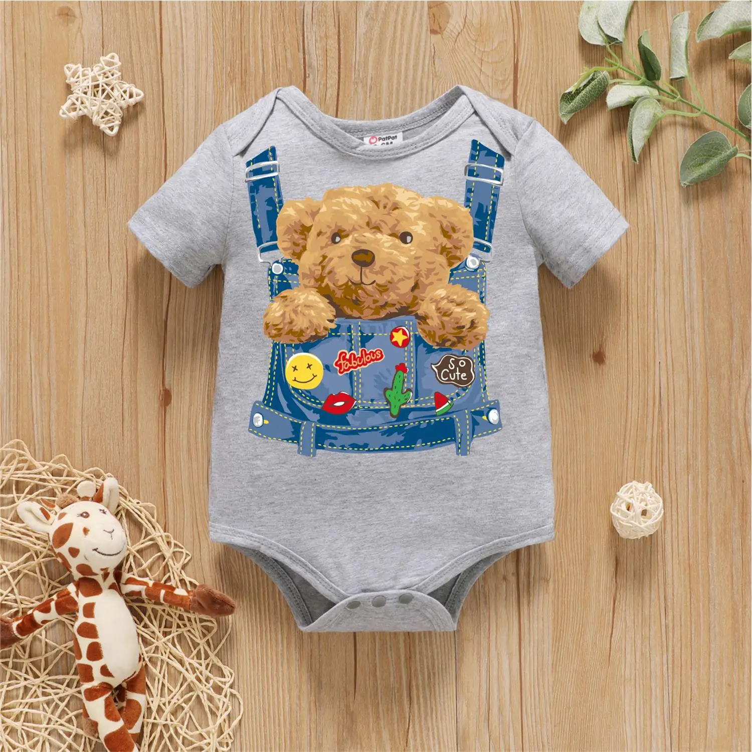 

PatPat Baby Boy Teddy Bear Print Short-sleeve Cotton Romper