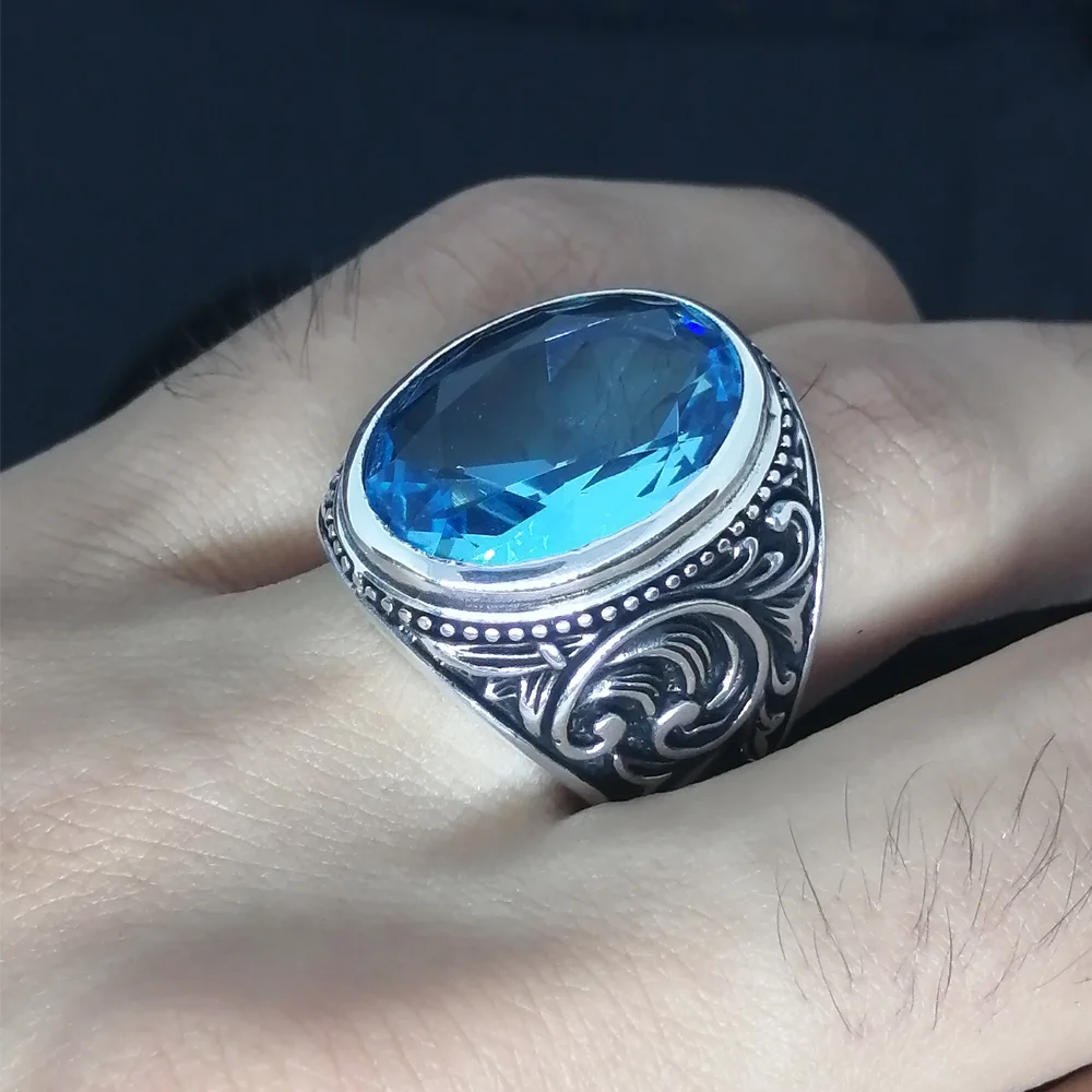 Vintage Natural Aquamarine And Black Zircon Stone Real Pure 925 Sterling Silver Ring For Men Patterned Handmade Turkish Jewelry