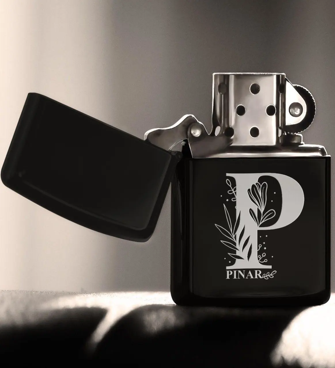 

Personalized P Letter Gasoline Black Metal Cigarette Lighter (Model 1)