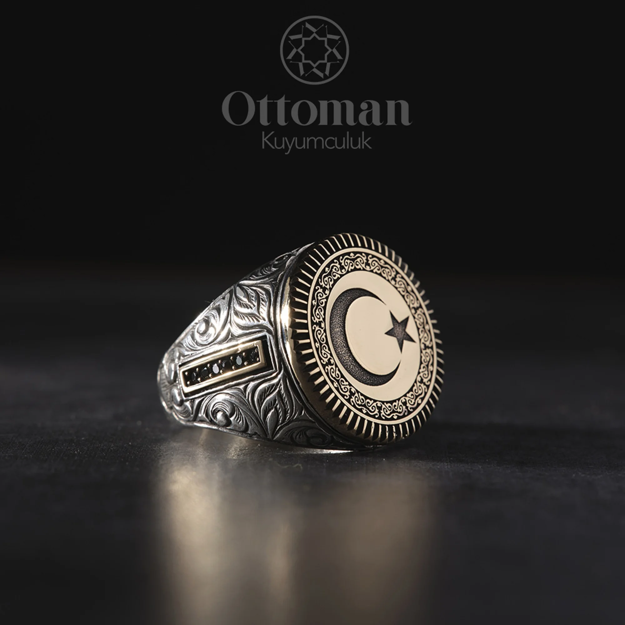 Engraving Patterned Moon and Star Men's Ring Model Ottoman Jewelry Ring Men Turkish Hnadmade ring Adjustable Men Rİngs