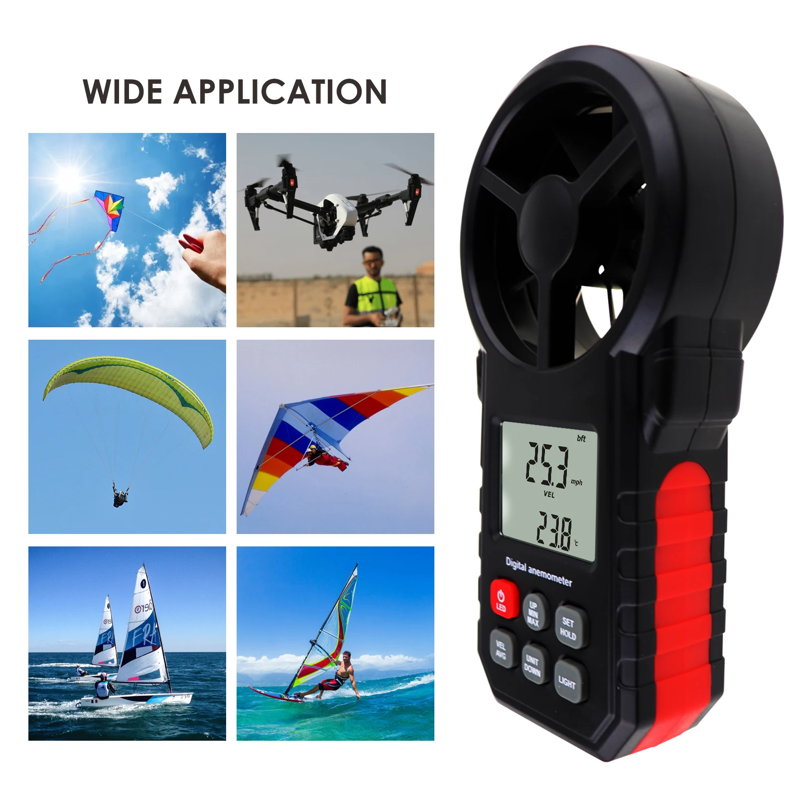 

Digital Anemometer Wind Speed / Air Velocity / Temperature Thermometer Barometer Backlight Humidity Meter W/ Tripod Mount Hole