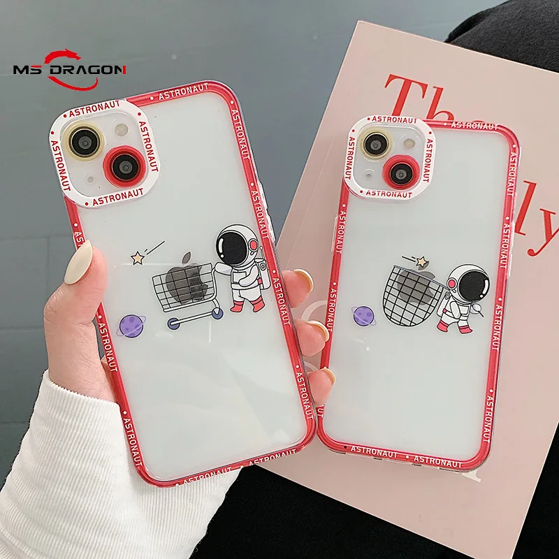 

Phone Case For iPhone 13 12 11 Pro Max X XR XS Max 7 8 Plus SE2 Stylish Red Border Creative Astronaut Clear Soft TPU Shockproof