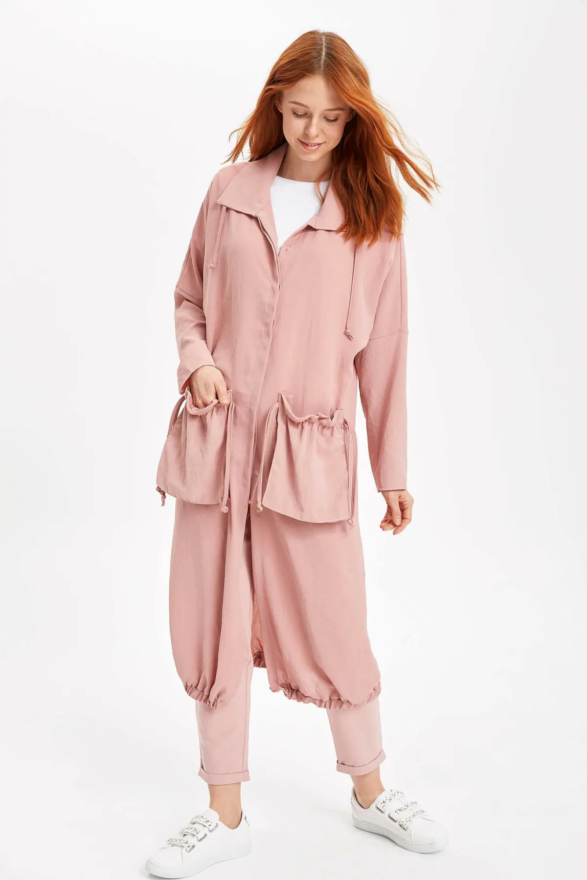 Женское повседневное пальто DeFacto однотонный Длинный топ с лацканами и карманами