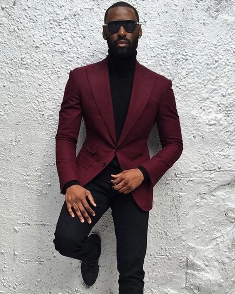 

2021 Terno Masculino Custom Made Peaked Lapel Wedding Suits For Men Slim Fit Burgundy Groom Suit Mens Tuxedo Best Man Blazer
