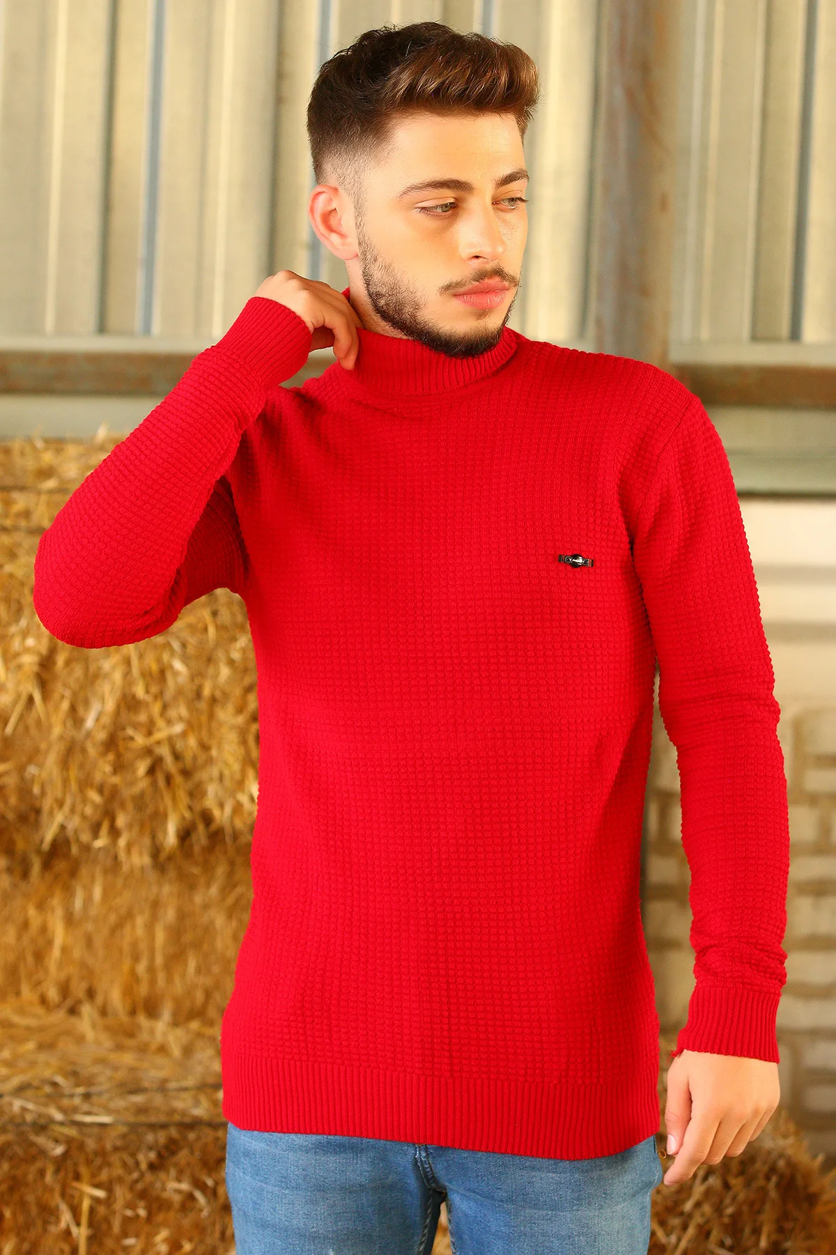 

Red Turtleneck Long Sleeve Patterned Men's Knitwear Sweater