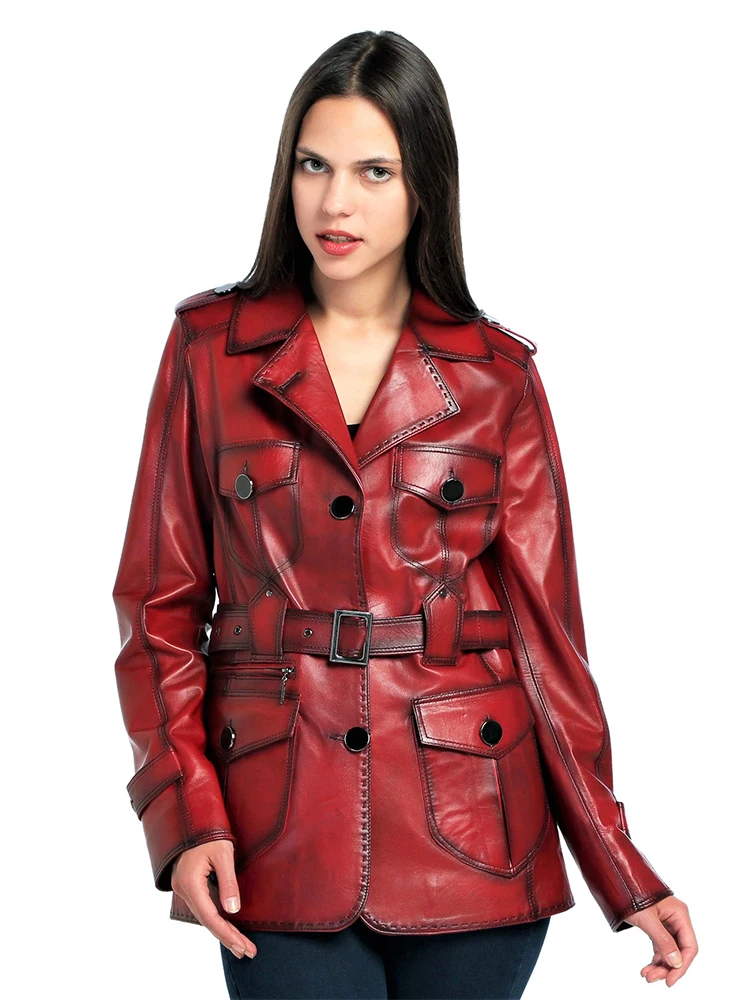 Genuine Soft Lambskin Leather Jacket Handmade Female Red Pink Trench Coat Woman Real Fur Custom Matrix Style Product Jackets