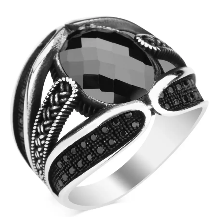 

Кольцо мужское из стерлингового серебра 9 пробы с овальным стерлингом камень циркония чорный, кольцо в османском стиле ручной работы, Сдела...