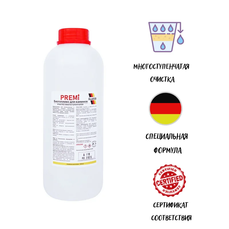 1 литр / Premi Biofuels Биотопливо для биокаминов Топливо Без запаха Для эко каминов -