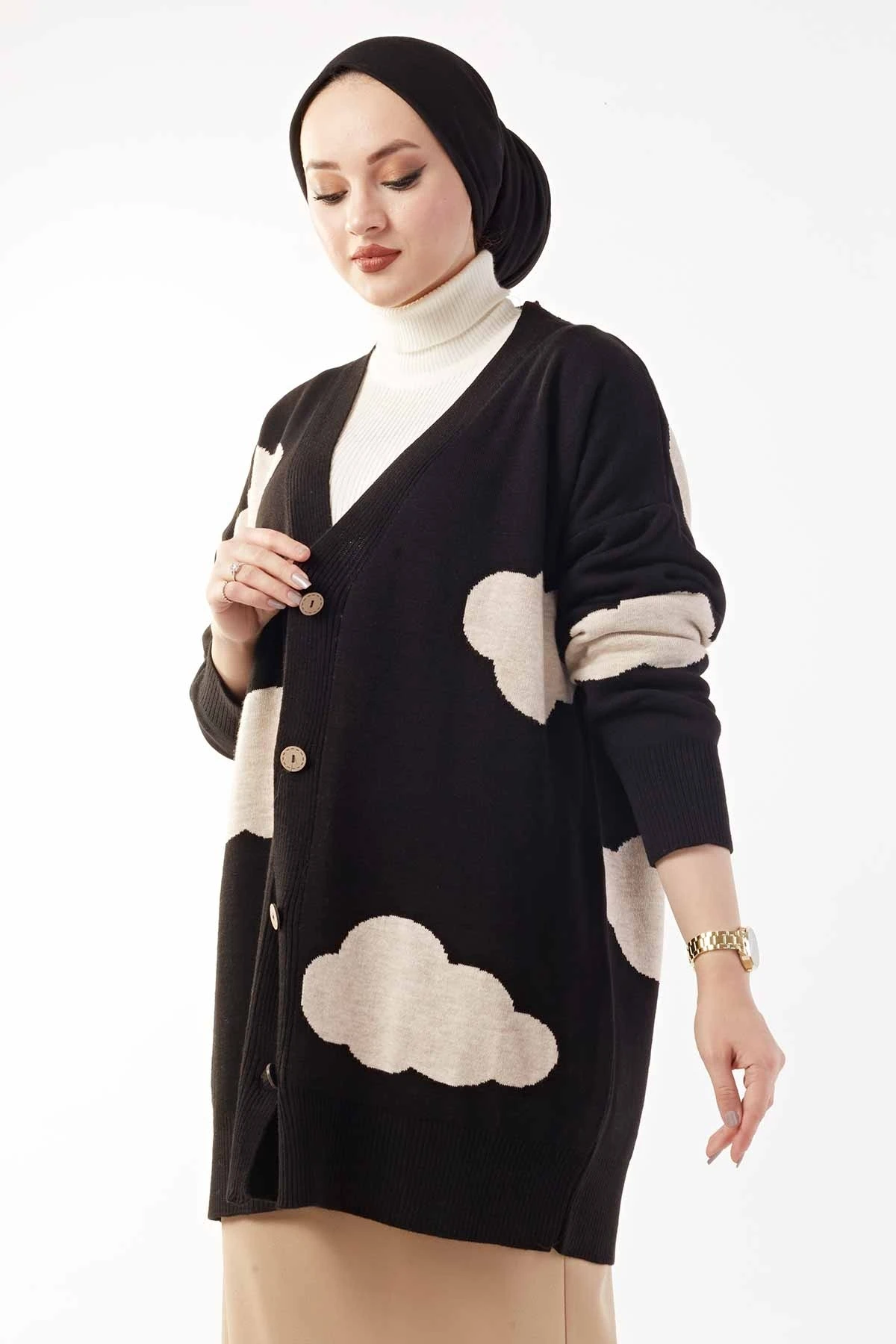

Cloud Patterned Cardigan Buttons Loose Spring Elegant Autumn Casual Stylish Muslim Women Fashion Hijab Clothing Work School Trav