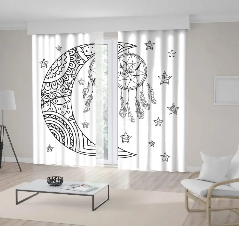 

Curtain Dreamcatcher Half Moon Stars Night Sky Geometric Pattern Ethnic Boho Style Artwork Black White