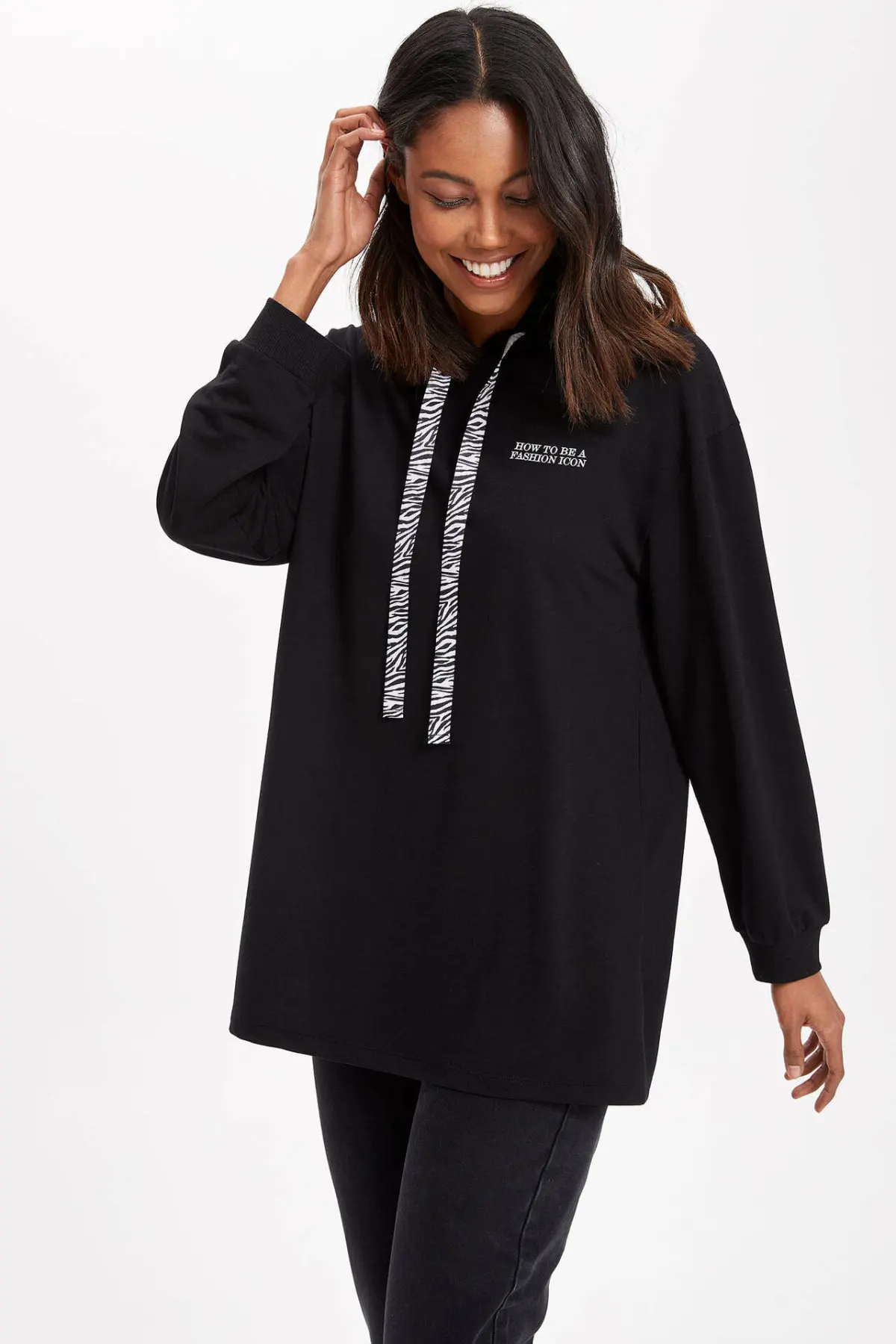 DeFacto женский крутой черный пуловер с капюшоном Женская свободная туника длинным