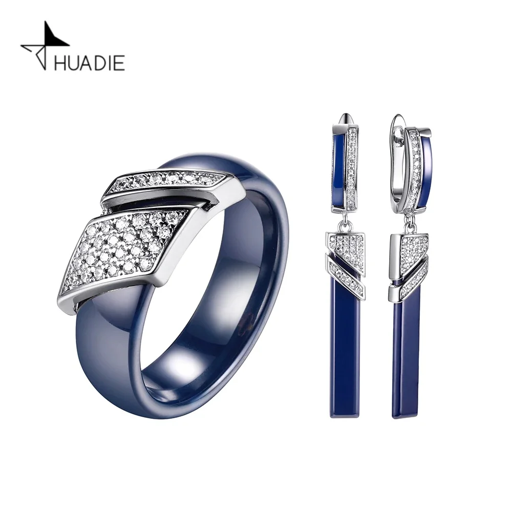 HUADIE женский набор бижутерии из керамики с цирконом.Новые серьги и кольцо в