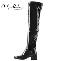 richealnana women black stretch over the knee long boots shinning patent leather low chunky heeled round toe fashion big size