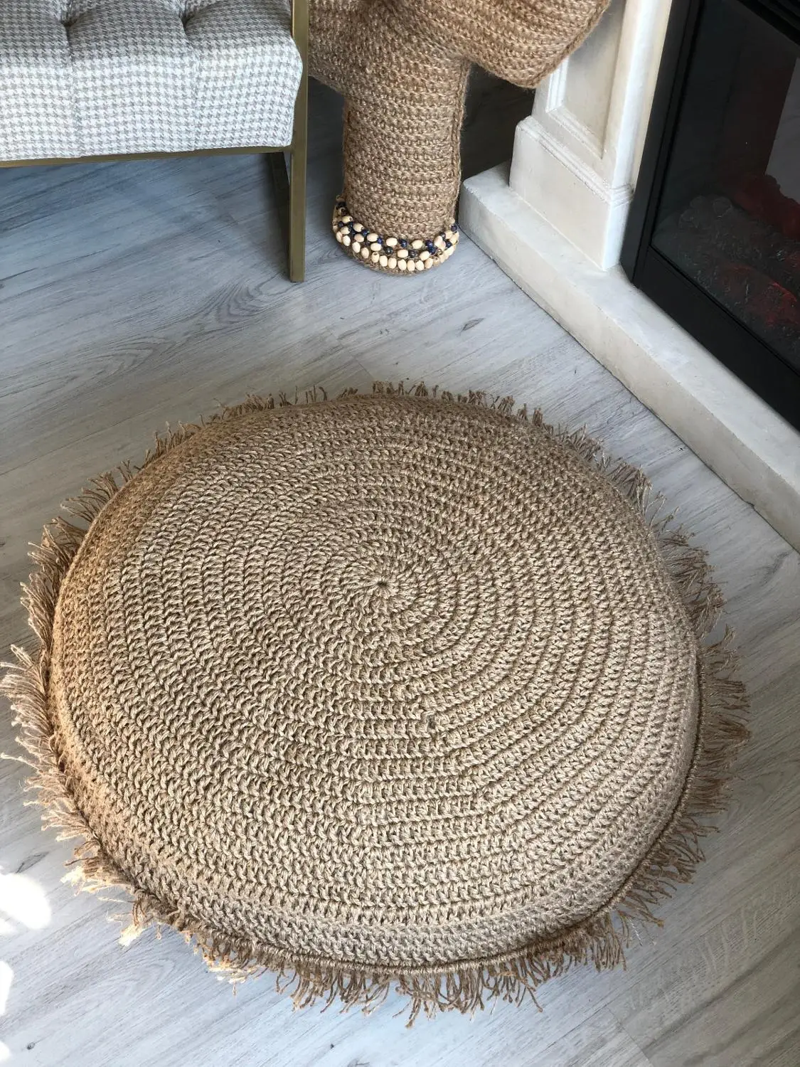 

All Hand Made, Colorless Straw Material Decorative Pouf Pillow Original Design Handcrafted Modern Fast Shipping from Turkey