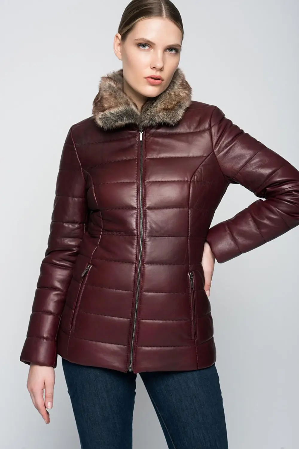 real sheepskin burgundy genuine leather jacket, new winter fashion, Fast-Fashion fashion house
