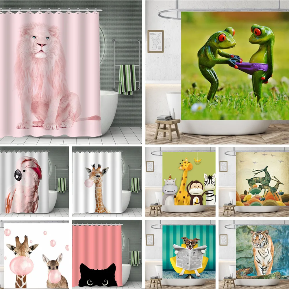 

Cartoon Cute Animal Pink Lion Green Frog Shower Curtain Bathroom Funny Parrot Children Kid Fabric Waterproof Bathroom Home Décor