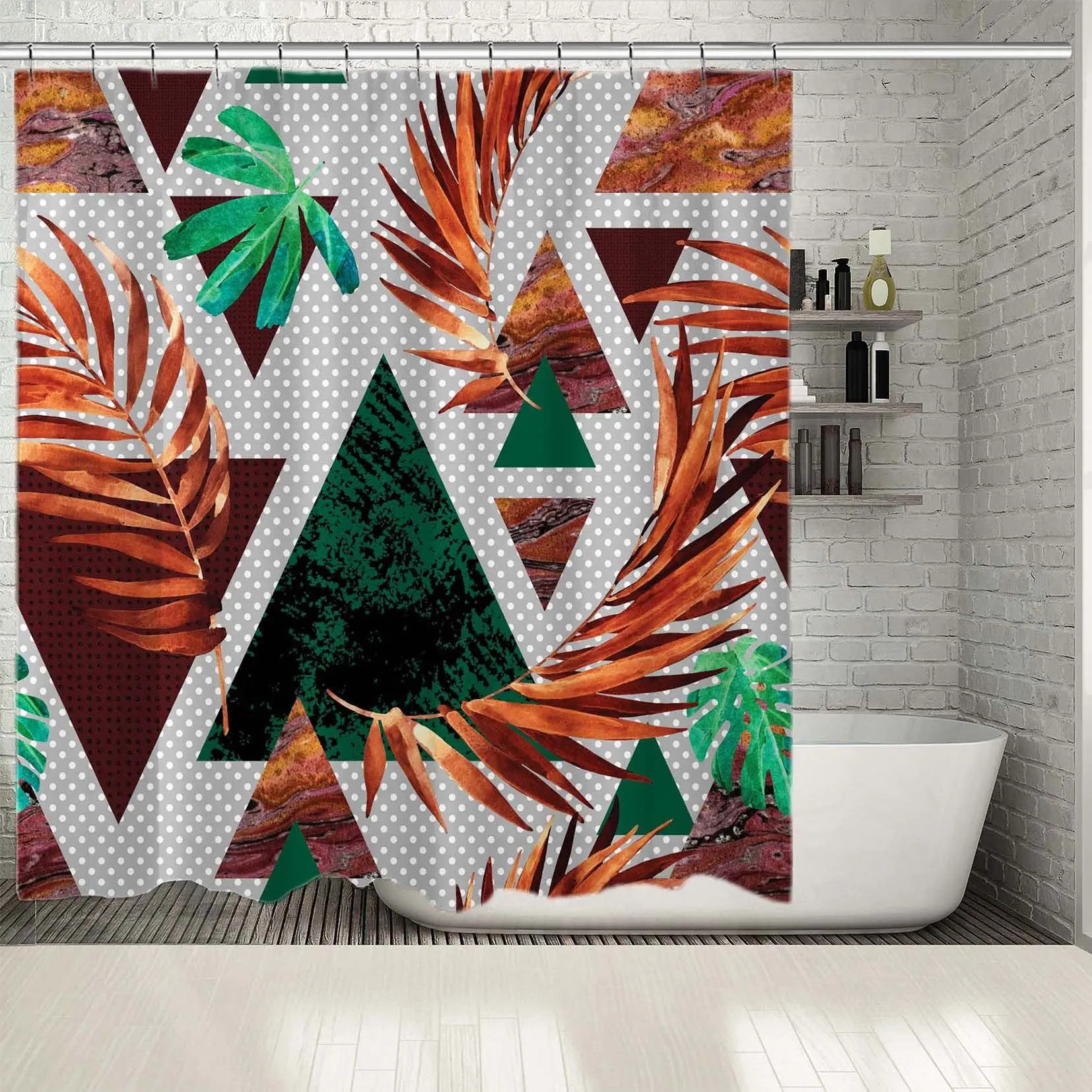 

Shower Curtain Exotic Leaves on Triangle Geometric Patterns Polka Dots on Grunge Effect Vintage Style Art Brown Green Gray