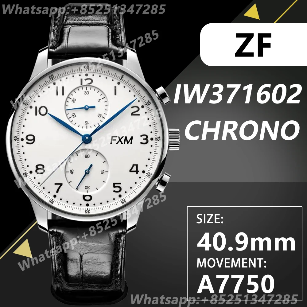 

Мужские автоматические механические часы, Португальский Хронограф IW371605 ZF 1:1, лучшее издание, белый циферблат на черном кожаном ремешке A69355