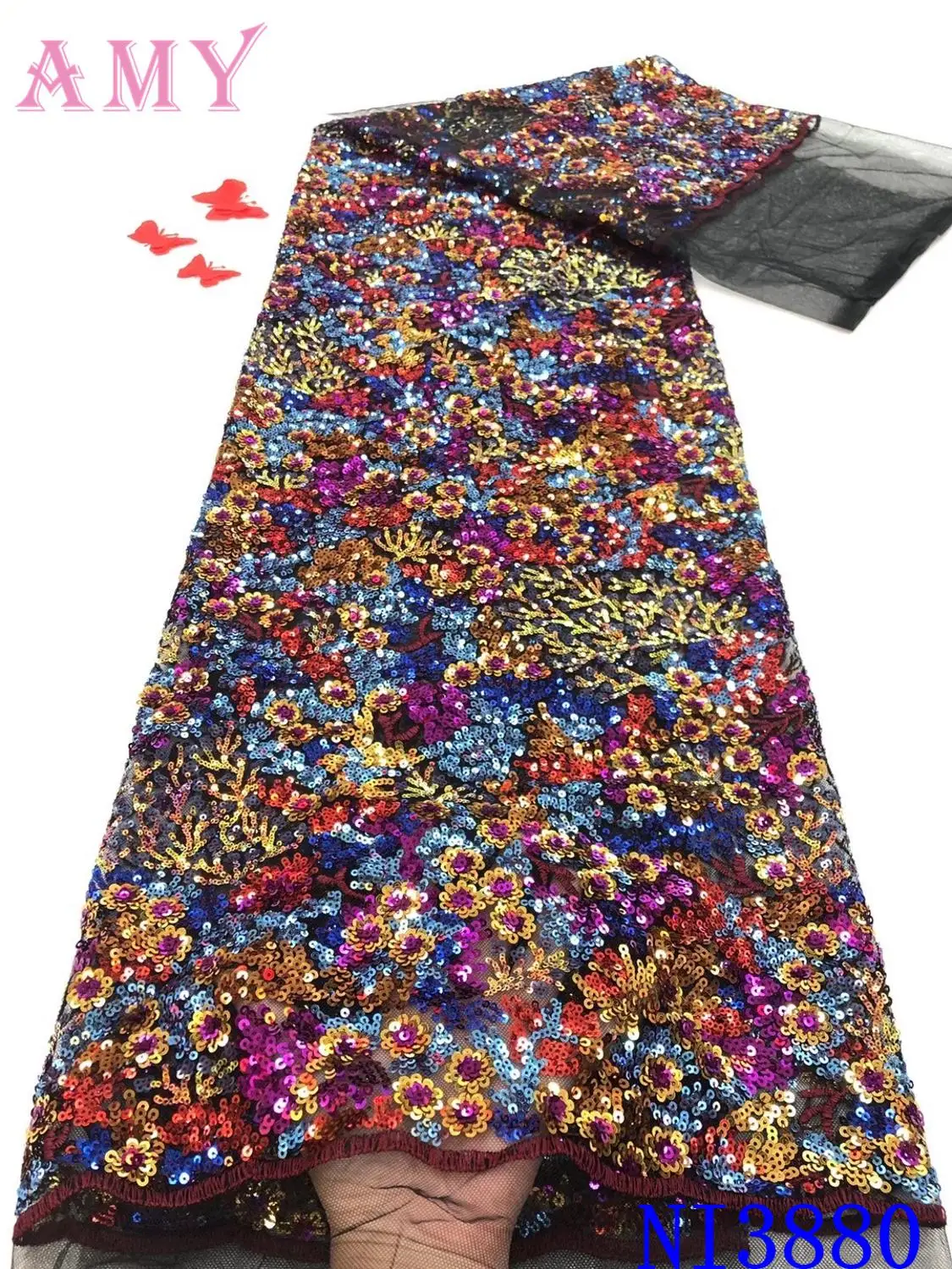 

Fashion African Mesh Lace Fabric High Quality Sequins French Lace Fabric 3D Applique Mesh Lace For Wedding Sewing AMYNI3880