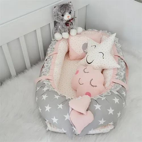 Jaju Baby Handmade, Salmon Color and Gray Star Design Lux Orthopedic Baby Bed Babynest 4 Pieces Mother Side Portable Baby Bed