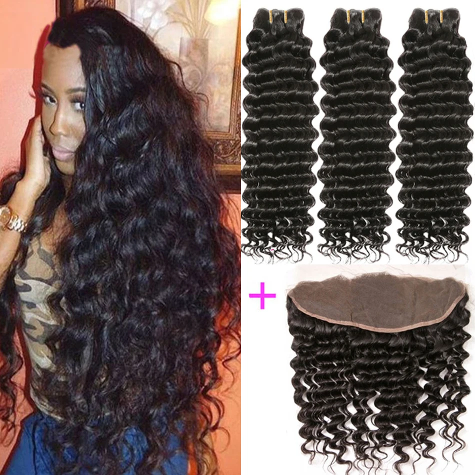 

Свободные Пряди глубоких волн с застежкой, 100% человеческие глубокие вьющиеся пряди с 13X4 фронтальной Реми индийские пряди волос с застежкой