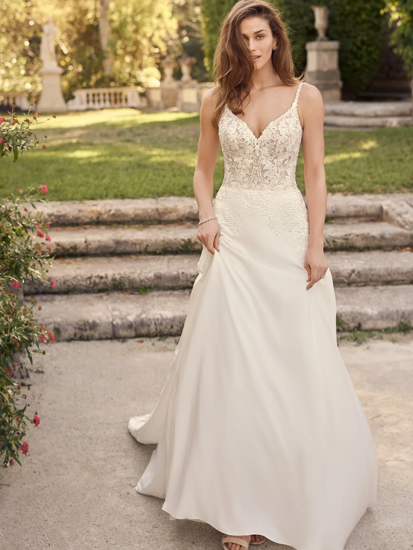 

A-line V-Neck Court Train Satin Lace Wedding Dress With Lace