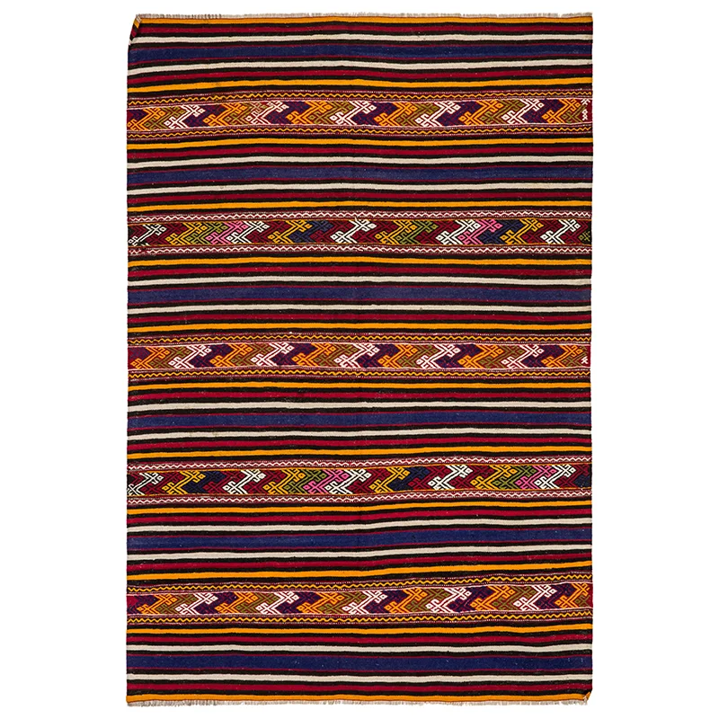Orange and Indigo Blue Balikesir Rug 7x4 ft Bright Striped Floor Rug 216x150 cm Traditional Wool Accent Rug 1980s Tribal Rug