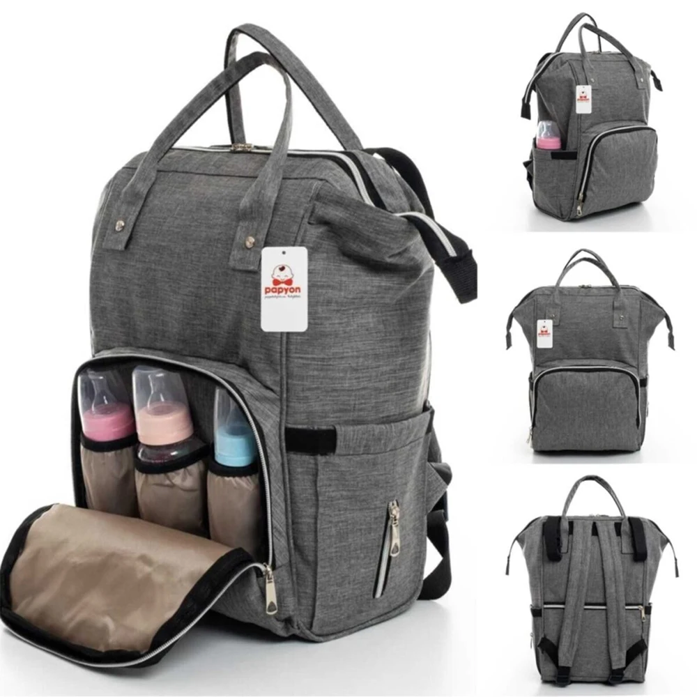 

White Baby Care Backpack with Grey Stripes Water-Proof Baby Bottle Thermos Suspenders Mother Large Capacity Waterproof Luxury Ba