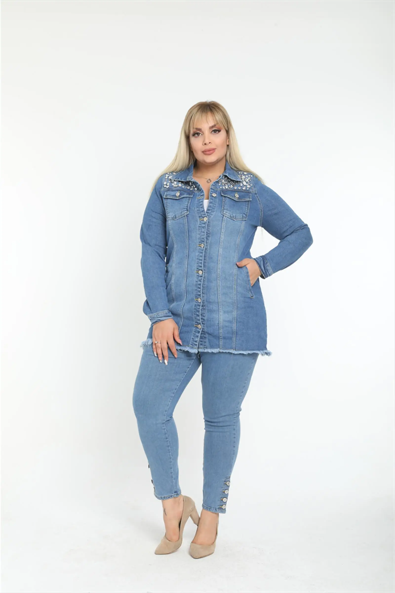 Diaves Women Plus Size Long Sleeve Geometric Stone Embroidered Denim Jacket Fashion Mid-length Pocked and Button Detailed Jeans