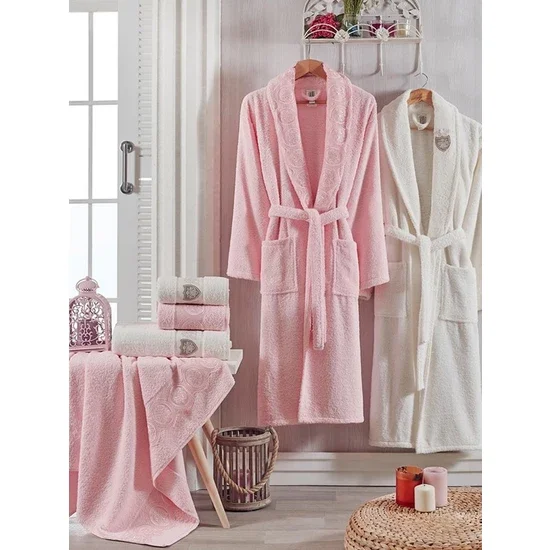 

WONDERFUL Textile Home SOFT TEXTURE Silky WITH SOFT TEXTURE Like it Prestij Family Bathrobe Set Pink-Cream (Ml) FREE SHİPPİNG