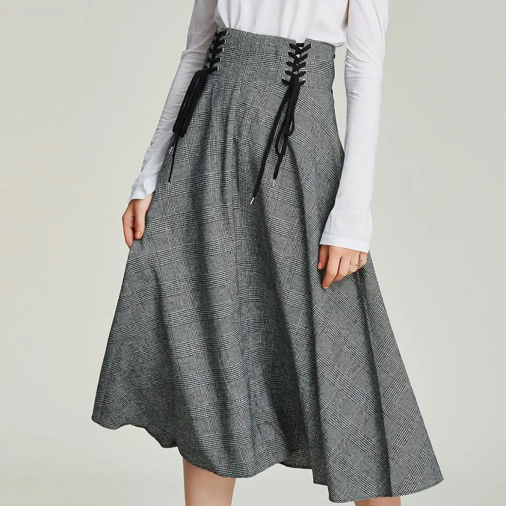 

HAVVA Autumn Winter Grey Plaid Skirt Midi Covering Crotch Wrap High Waist Slim A-line Skirt Women Q3613