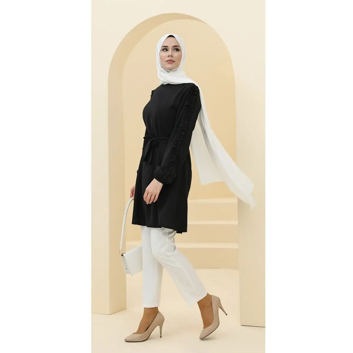 

Ruffled Sleeves Tunic Plain Belted Buttoned Unlined Long Sleeve Elastic Sleeve Zero Collar Seasonal Casual Wedding Hijab Muslim