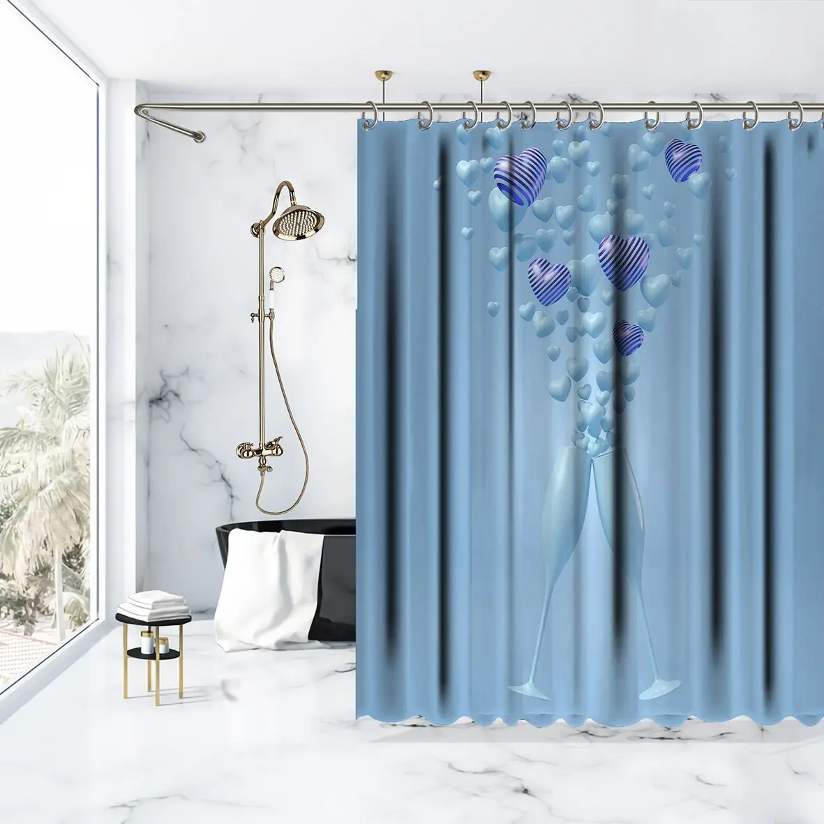 Занавеска для душа с сердечками маленькие очки как брызги шампанского счастья