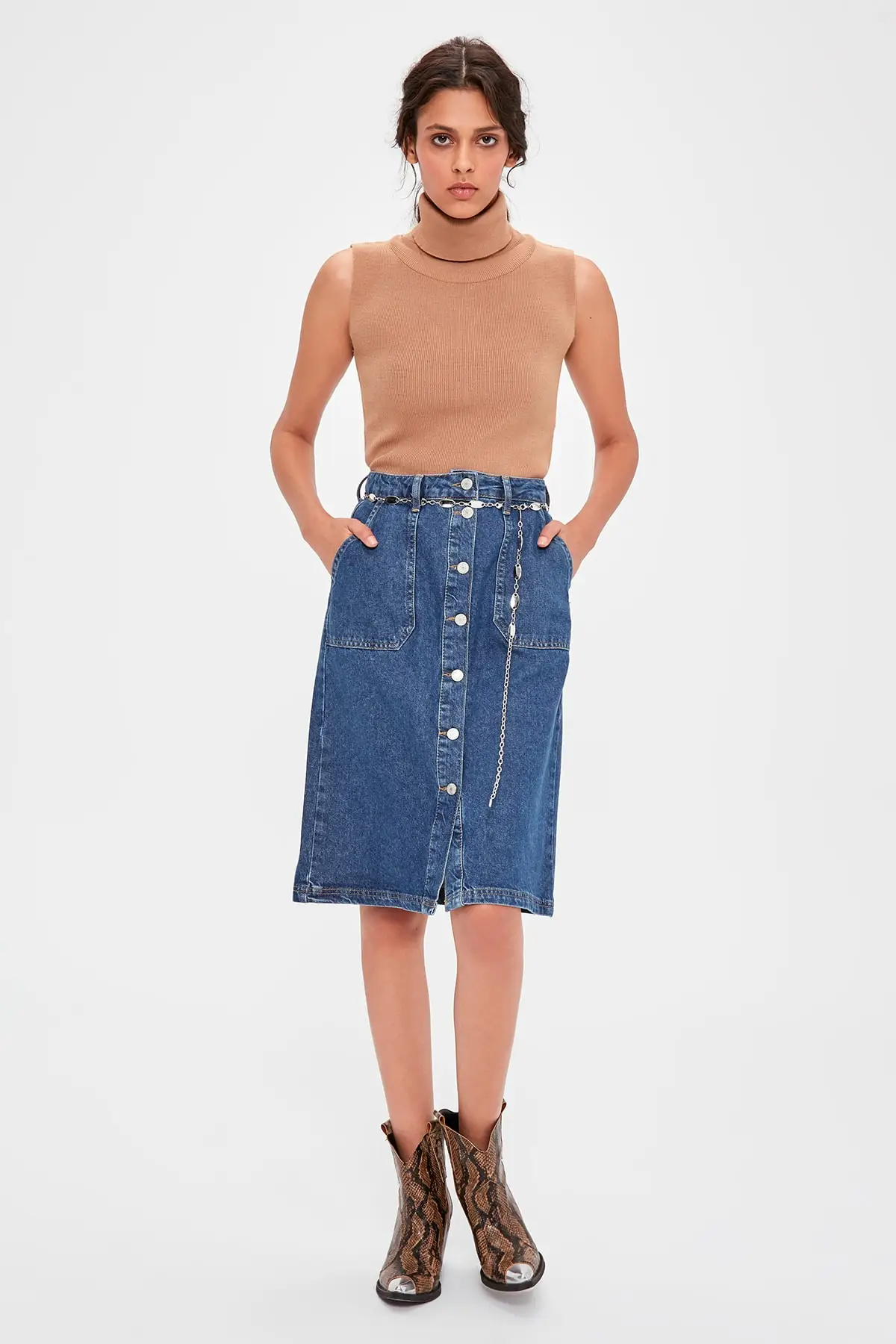 Темно синяя джинсовая юбка на пуговицах TWOAW20ET0329|Женские юбки| |