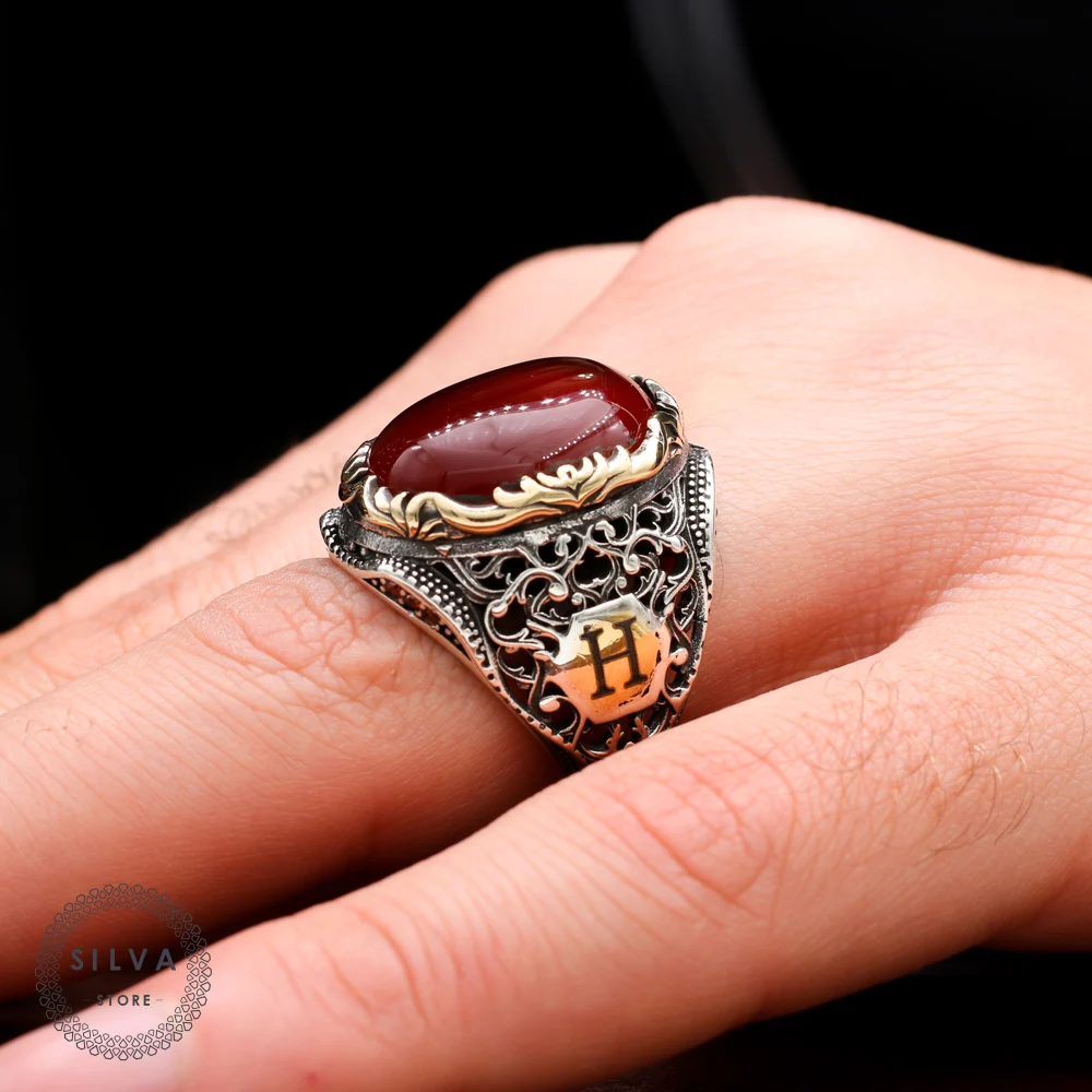 Customisable Original 925 Sterling Silver Ring for Men With Red Agate Stone Two Letters Can Be Written On Order
