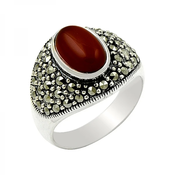 

Серебряное 925 пробы кольцо из агата и марказита