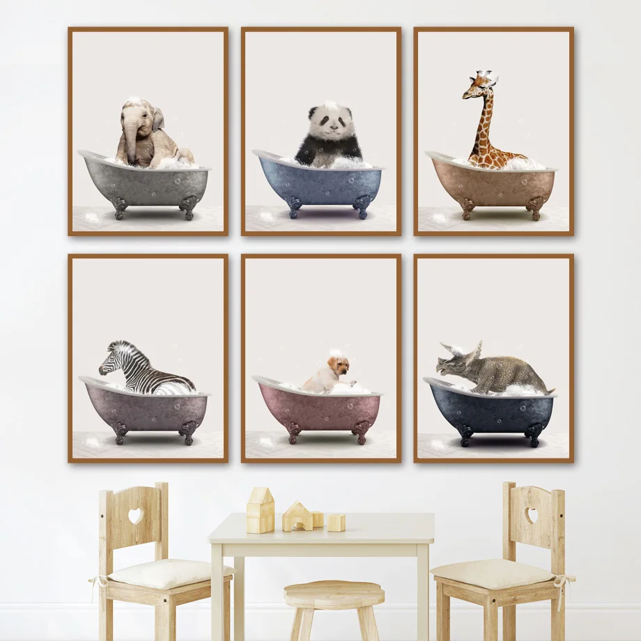 

Elephant Panda Giraffe Dog Penguin Tub Wall Art Canvas Painting Nordic Posters And Prints Wall Pictures For Baby Bathroom Decor