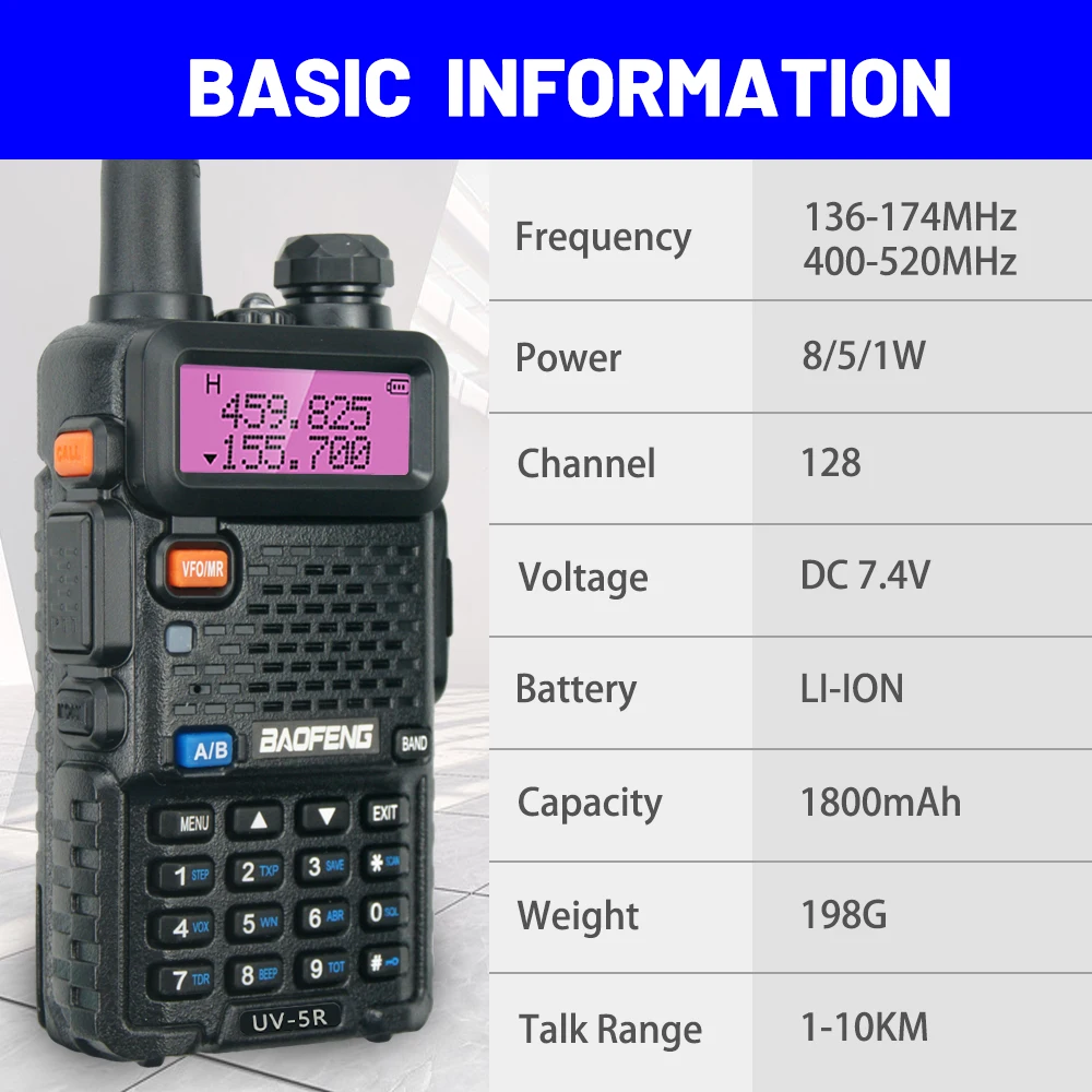 BaoFeng UV-5R 8W Walkie Talkie  High Power Dual Band 128 Channels Radio Communication Transceiver with Earphones